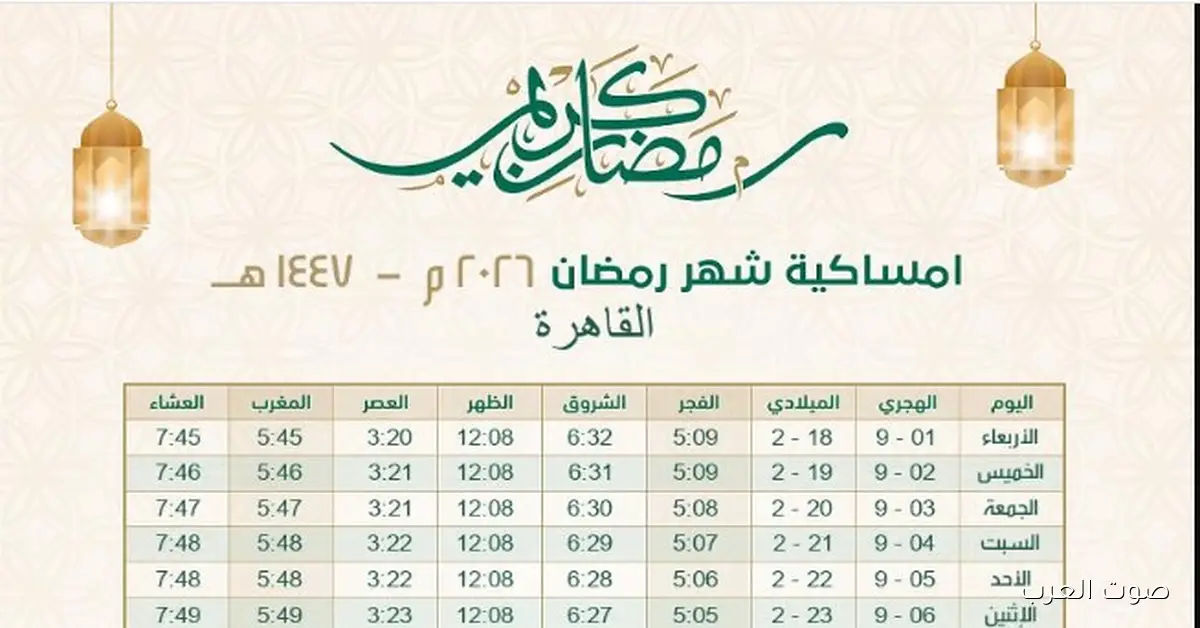 البحوث الفلكية تحدد امساكية رمضان 2026\1447 ومواعيد الصلاه في مصر