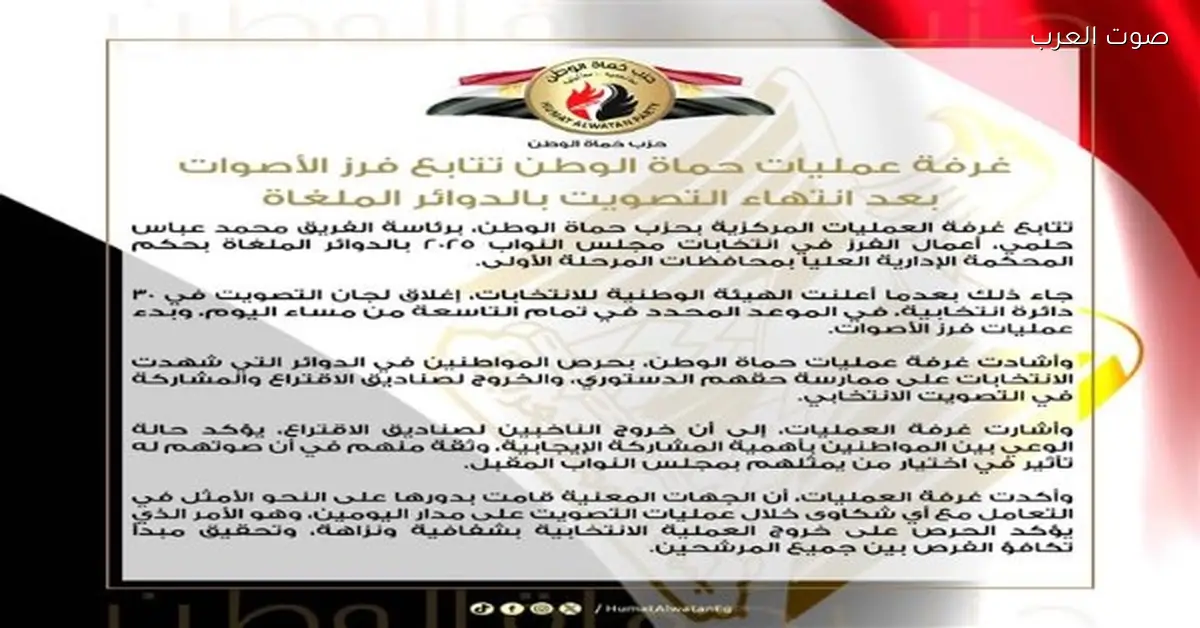 غرفة “حماة الوطن” بتتابع فرز الأصوات بعد ما خلص التصويت في الدوائر الملغاة